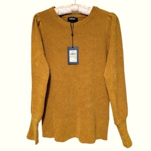 NWT-$89 DKNY Velvet Puff Sleeve Knit Top Sweater Pullover Yellow Gold/Saffron Sm